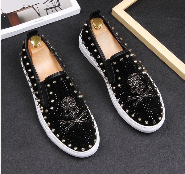 

new style beertola white bling rhinestone men's shoes studded rivets round toe leather flat sneakers man handmade italian vintage walki, Black