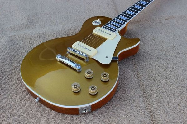 custom shop gold goldelectric guitar ebony fingerboard dual white p-90 pickups mother of pearl trapezoid fingerboard inlays