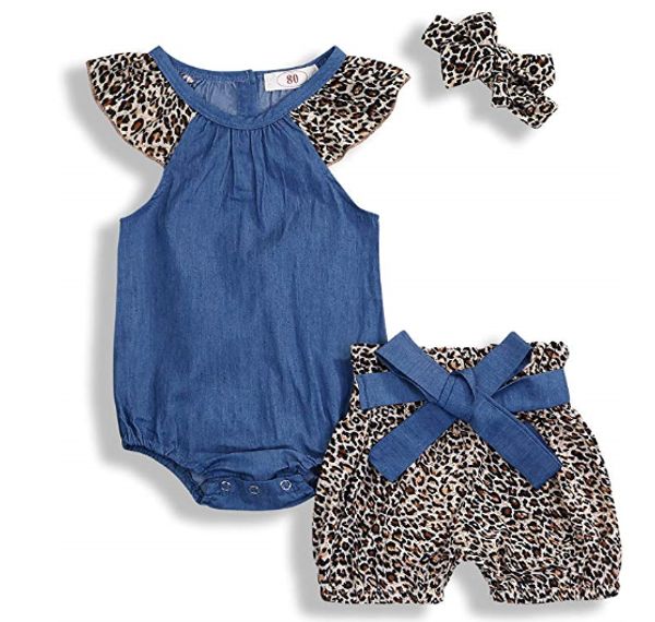 baby girls romper shorts set denim ruffle sleeve + leopard print bow bottoms + heandband 3pcs outfits, Blue
baby girls romper shorts set denim ruffle sleeve + leopard print bow bottoms + heandband 3pcs outfits, Blue