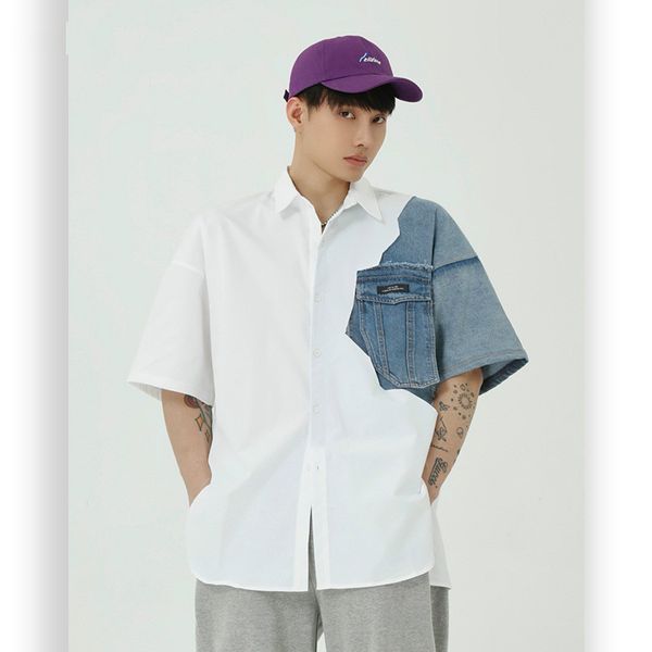 men summer denim splice short sleeve loose casual shirts male streetwear hip hop vintage fashion shirts, White;black
men summer denim splice short sleeve loose casual shirts male streetwear hip hop vintage fashion shirts, White;black