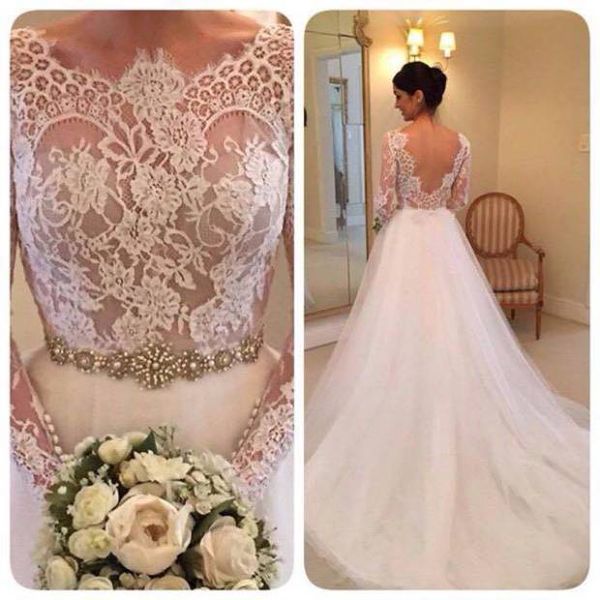 elegant illusion long sleeve lace and tulle wedding dress with beadings sash ruffle bridal gown v-back wedding bridal dresses, White
elegant illusion long sleeve lace and tulle wedding dress with beadings sash ruffle bridal gown v-back wedding bridal dresses, White