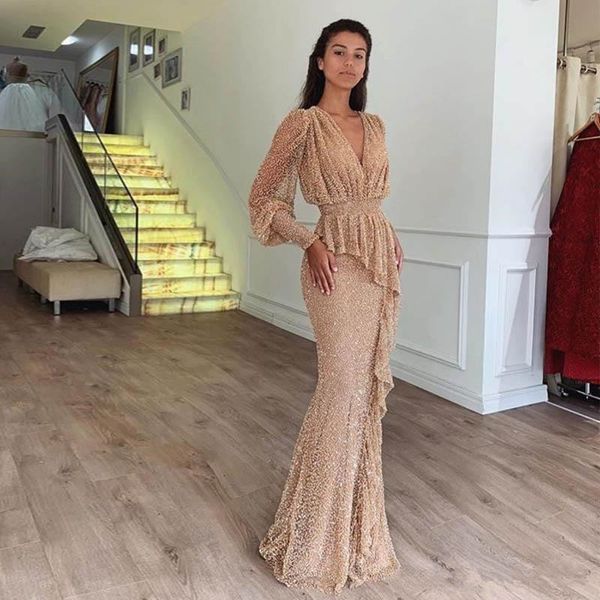 long sleeve mermaid prom dresses sparkly beads v neck party gowns turkish vestidos formal dress evening wear, Black
long sleeve mermaid prom dresses sparkly beads v neck party gowns turkish vestidos formal dress evening wear, Black