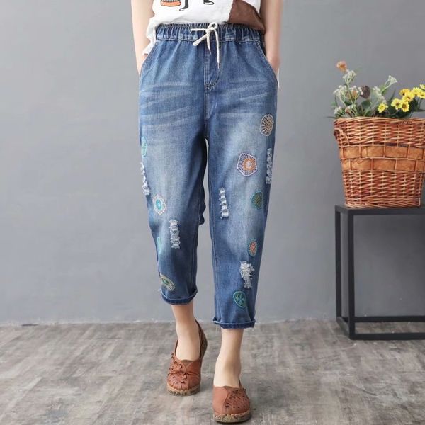 spring clothing new style large size women's plus-sized increase the fat mm large circle embroidered lace-up loose cowboy capri, Blue
spring clothing new style large size women's plus-sized increase the fat mm large circle embroidered lace-up loose cowboy capri, Blue