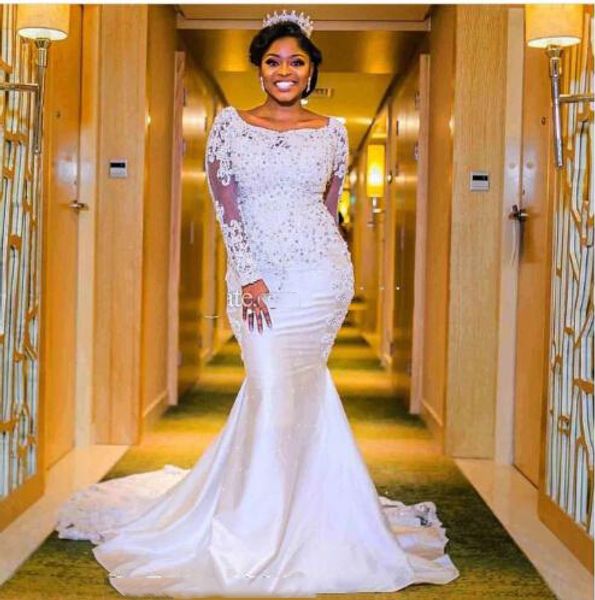long sleeves mermaid arfain arabic wedding dresses 2019 bateau lace beaded court train bridal gowns vestidos de noiva plus size customized, White
long sleeves mermaid arfain arabic wedding dresses 2019 bateau lace beaded court train bridal gowns vestidos de noiva plus size customized, White