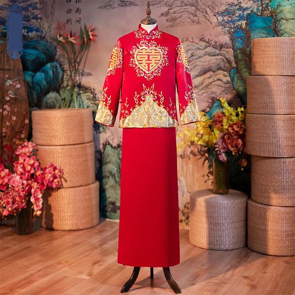 long bridegroom qipao men 2 pcs marriage cheongsam suit robe gown party costume mandarin collar classic fall evening clothes, Red
long bridegroom qipao men 2 pcs marriage cheongsam suit robe gown party costume mandarin collar classic fall evening clothes, Red