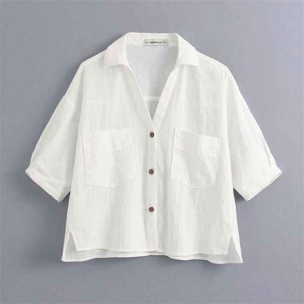 women's blouses & shirts 2021 summer v-neck short sleeve pocket ornament shirt hem side split linen contrast color stitching, White
women's blouses & shirts 2021 summer v-neck short sleeve pocket ornament shirt hem side split linen contrast color stitching, White