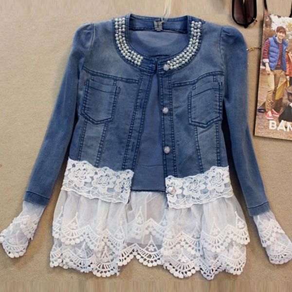 women jean jacket autumn elegant lace patchwork pearls denim coat casual vintage beading slim female outwear plus size, Black;brown
women jean jacket autumn elegant lace patchwork pearls denim coat casual vintage beading slim female outwear plus size, Black;brown
