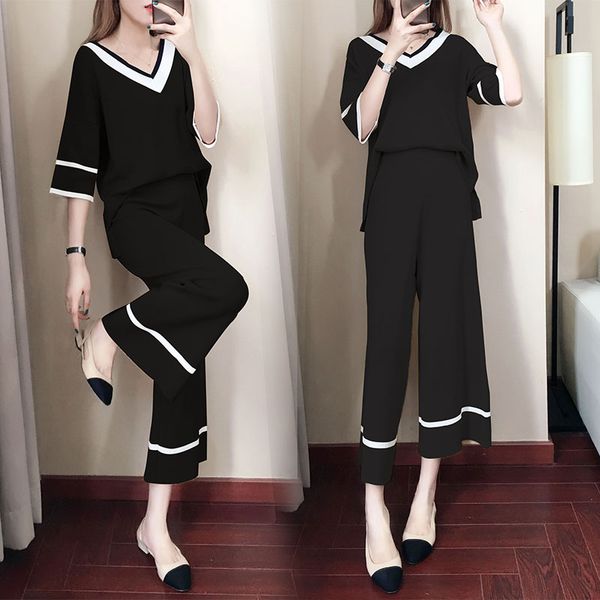 women knitted v neck pullover + mid-calf length pants clothing set 2019 summer woman knitting wide leg pant 2 pieces sets, White;black
women knitted v neck pullover + mid-calf length pants clothing set 2019 summer woman knitting wide leg pant 2 pieces sets, White;black