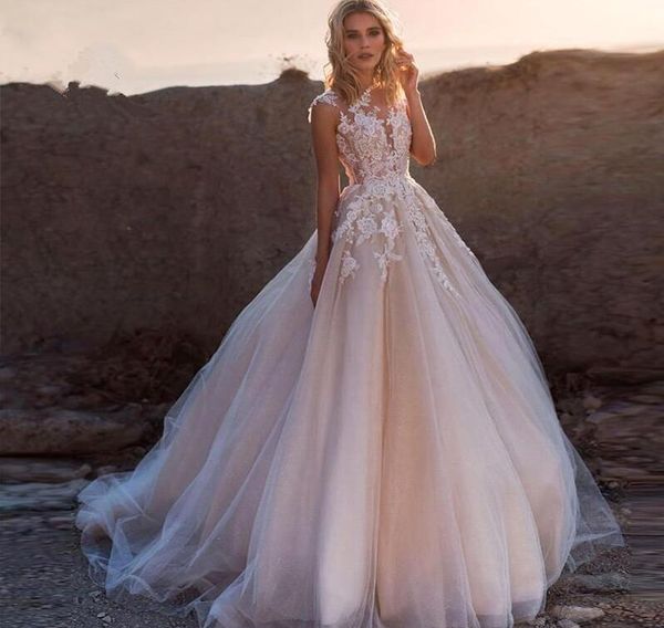 2020 sheer neck lace appliqued sleeveless tulle a line wedding dresses with sweep train sweet ball gown bridal gowns with covered button, White
2020 sheer neck lace appliqued sleeveless tulle a line wedding dresses with sweep train sweet ball gown bridal gowns with covered button, White