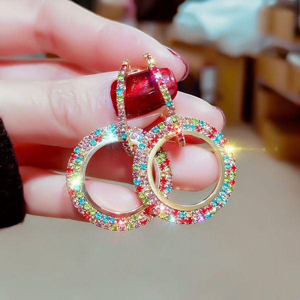 

s925 silver needle micro inlay rainbow crystal circle waterdrop geometric earrings for women sparkling party jewelry