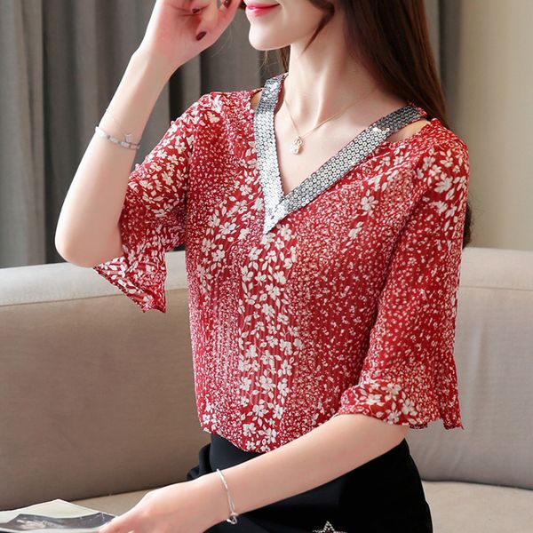 2019 summer new women blouse floral print sequin v-neck short sleeve chiffon lady shirt korean fashion causal women's, White
2019 summer new women blouse floral print sequin v-neck short sleeve chiffon lady shirt korean fashion causal women's, White