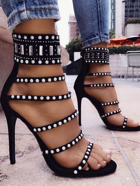 

new fashion girl's shoes open toe 12cm stiletto heel narrow band roman gladiator sandals black apricot party shoes