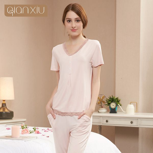 2019 summer plus size pijamas women sweety lace pajama sets ladies v-neck collar t shirt+ pants female soft modal pajama sets, Blue;gray
2019 summer plus size pijamas women sweety lace pajama sets ladies v-neck collar t shirt+ pants female soft modal pajama sets, Blue;gray