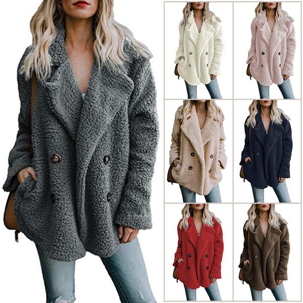 

women winter coat jacket fashion double-breasted sweaters lapel loose fur jacke outwear womens ladies jackets coats ladies, Tan;black