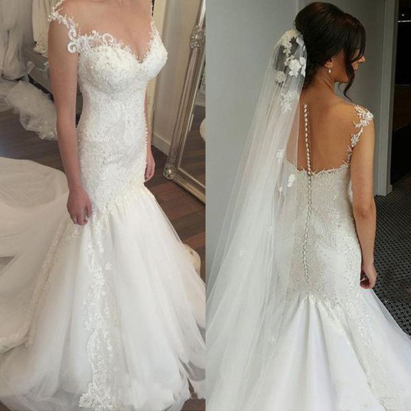 delicate lace beaded mermaid wedding gowns sweetheart tulle covered button sleeveless long bridal dress vestido de novia, White
delicate lace beaded mermaid wedding gowns sweetheart tulle covered button sleeveless long bridal dress vestido de novia, White
