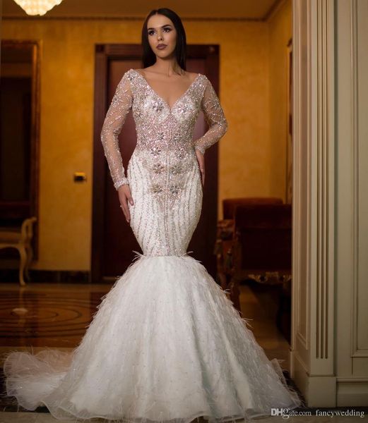 luxury arabic wedding dresses v neck lace beads crystal feathers long sleeve mermaid wedding dress sweep train gorgeous bridal gowns, White
luxury arabic wedding dresses v neck lace beads crystal feathers long sleeve mermaid wedding dress sweep train gorgeous bridal gowns, White