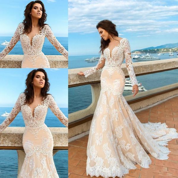 full lace wedding gowns plunging neck long sleeve mermaid bridal gowns sweep train plus size wedding dresses, White
full lace wedding gowns plunging neck long sleeve mermaid bridal gowns sweep train plus size wedding dresses, White