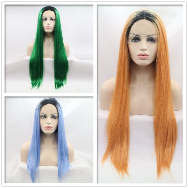 new design 18-24inch centre-parted hair look lace frontal long straight synthetic wigs cap ombre green blue orange, Black
new design 18-24inch centre-parted hair look lace frontal long straight synthetic wigs cap ombre green blue orange, Black