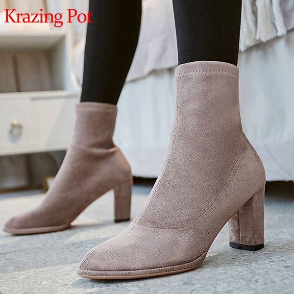 krazing pot flock material round toe high heels office lady vacation slip on stretch decoration european design ankle boots l8f1, Black
krazing pot flock material round toe high heels office lady vacation slip on stretch decoration european design ankle boots l8f1, Black