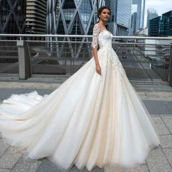 amazing lace beaded wedding dresses appliqued a line sheer bateau neck bridal gowns half sleeves chapel train tulle vestido de novia, White
amazing lace beaded wedding dresses appliqued a line sheer bateau neck bridal gowns half sleeves chapel train tulle vestido de novia, White