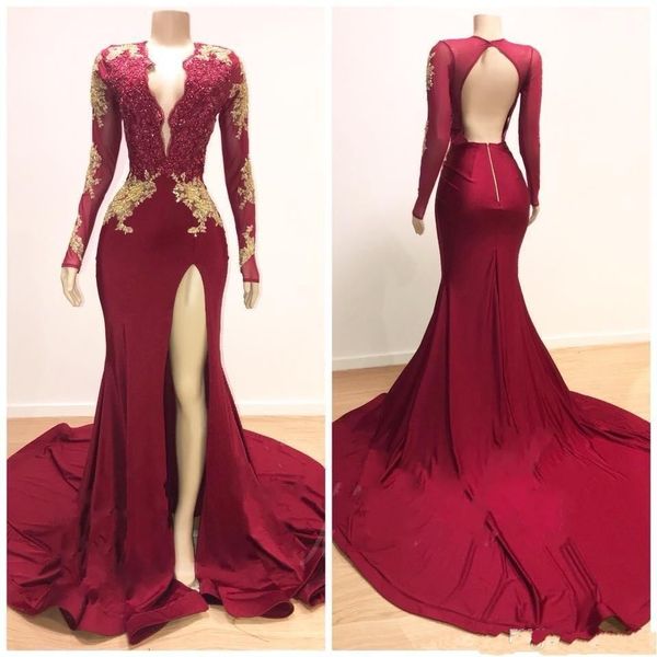 2020 dark red mermaid prom dresses deep v neck lace appliques beaded long sleeves split special occasion dresses formal evening dress, Black
2020 dark red mermaid prom dresses deep v neck lace appliques beaded long sleeves split special occasion dresses formal evening dress, Black