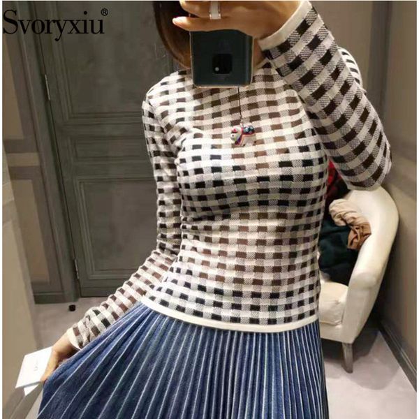 svoryxiu fashion black white plaid wool yarn sweater pullovers women's autumn winter designer thin transparent knitting, White;black
svoryxiu fashion black white plaid wool yarn sweater pullovers women's autumn winter designer thin transparent knitting, White;black
