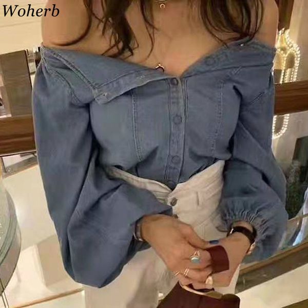 woherb korean ladies vantage chic harajuku shoulder lantern sleeve womens blouse strapless slash neck denim shirt 92108, White
woherb korean ladies vantage chic harajuku shoulder lantern sleeve womens blouse strapless slash neck denim shirt 92108, White