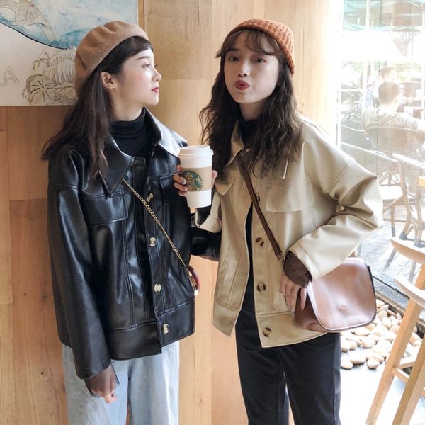 women's autumn korean 2019 new super fire jacket net red fashion pu loose lapel long sleeve leather jacket women ml069, Black;brown
women's autumn korean 2019 new super fire jacket net red fashion pu loose lapel long sleeve leather jacket women ml069, Black;brown