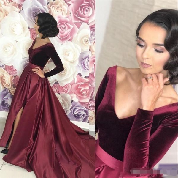 burgundy prom dresses long sleeves velvet deep v neck satin slit sweep train custom made formal occasion wear evening party gown, Black
burgundy prom dresses long sleeves velvet deep v neck satin slit sweep train custom made formal occasion wear evening party gown, Black