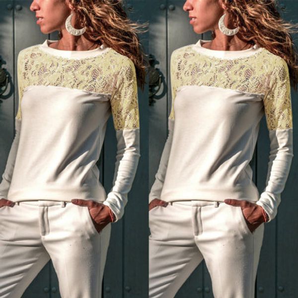 2019 new women fashion lace t shirt long sleeve patchwork slim shirt ladies casual, White
2019 new women fashion lace t shirt long sleeve patchwork slim shirt ladies casual, White