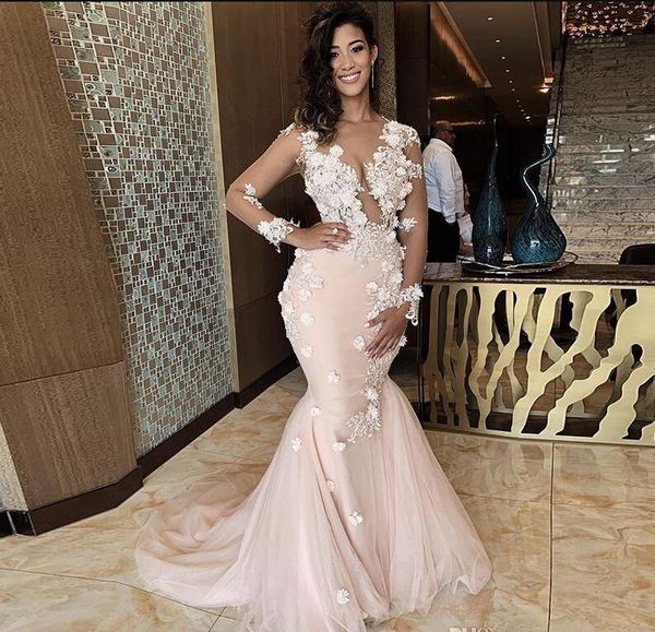 2020 mermaid prom dresses sheer neck lace 3d appliques beaded long sleeves sweep train backless evening party wear pageant gowns, Black
2020 mermaid prom dresses sheer neck lace 3d appliques beaded long sleeves sweep train backless evening party wear pageant gowns, Black