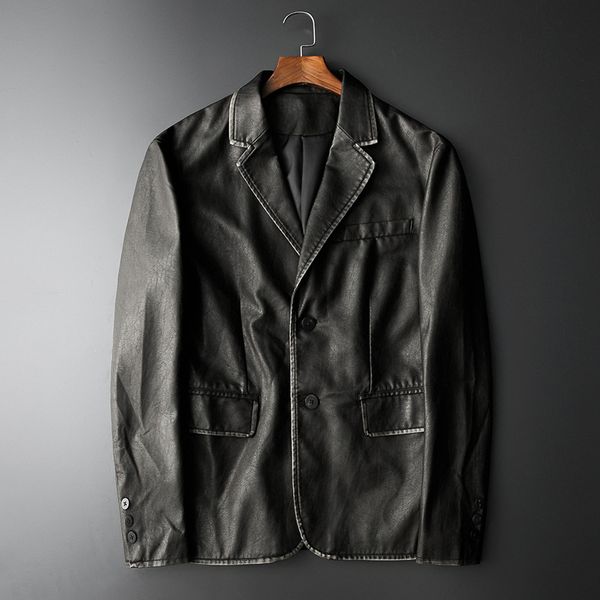 men's 2019 new autumn new blazers men fashion suit collar single-breasted leather jacket korean youth pu leather male outerwear, White;black 
men's 2019 new autumn new blazers men fashion suit collar single-breasted leather jacket korean youth pu leather male outerwear, White;black