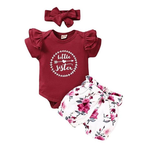 summer baby girl short sleeve romper + flower shorts+headband suits costume set 2020 new, White