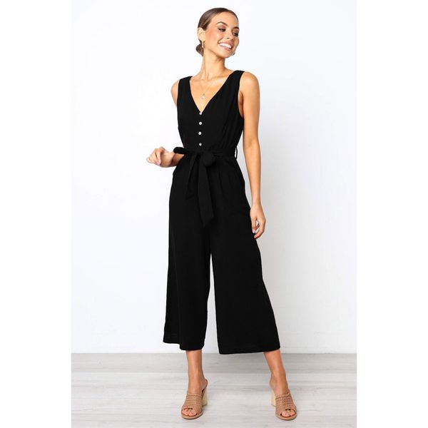 elegant deep v neck jumpsuit sleeveless button front slash self belted back v romper women clothes nice waist summer jumpsuits, Black;white
elegant deep v neck jumpsuit sleeveless button front slash self belted back v romper women clothes nice waist summer jumpsuits, Black;white