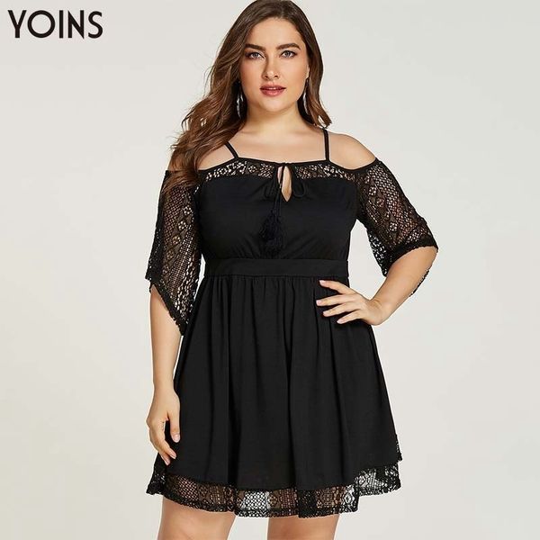 

yoins 2019 spring winter women dress elegant plus size spaghetti strap tie-up cold shoulder lace dress party night dresses, Black;gray