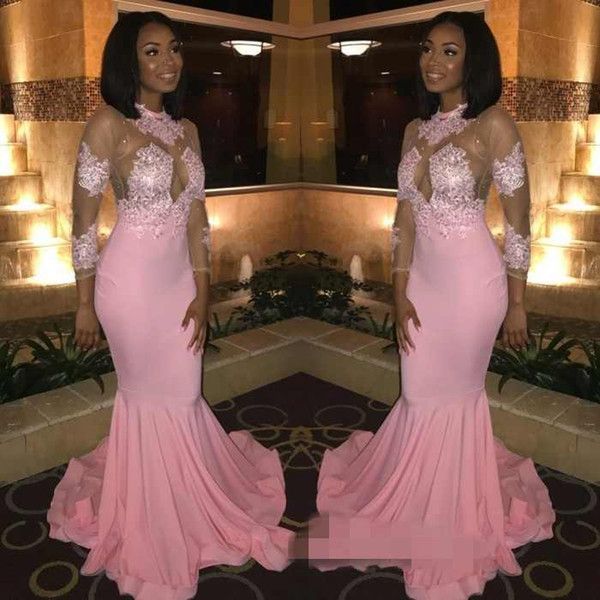 2019 new custom made pink prom dresses jewel neck illusion 3/4 lace long sleeves ruffles sweep train mermaid evening special occasion gowns, Black
2019 new custom made pink prom dresses jewel neck illusion 3/4 lace long sleeves ruffles sweep train mermaid evening special occasion gowns, Black