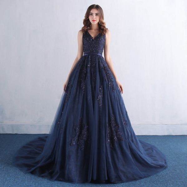 deep v-neck open back tulle navy blue party dress appliques crystals beading affordable prom dresses sweep train princess gowns for prom, Black
deep v-neck open back tulle navy blue party dress appliques crystals beading affordable prom dresses sweep train princess gowns for prom, Black