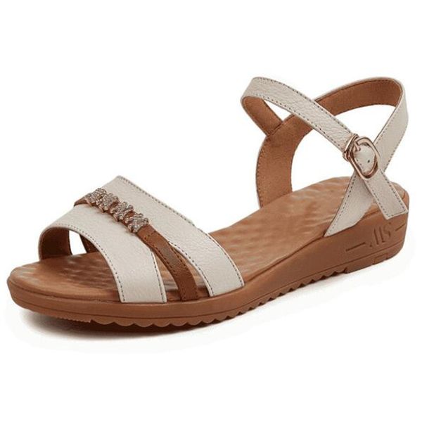 sandals 2021 summer concise fashion rhinestone genuine leather soft comfort non-slip wear wedge women casual, Black
