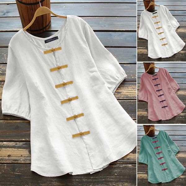plus size women's plate button blouse zanzea 2020 vintage linen shirts casual o neck short sleeve blusas female summer tunic, White
plus size women's plate button blouse zanzea 2020 vintage linen shirts casual o neck short sleeve blusas female summer tunic, White