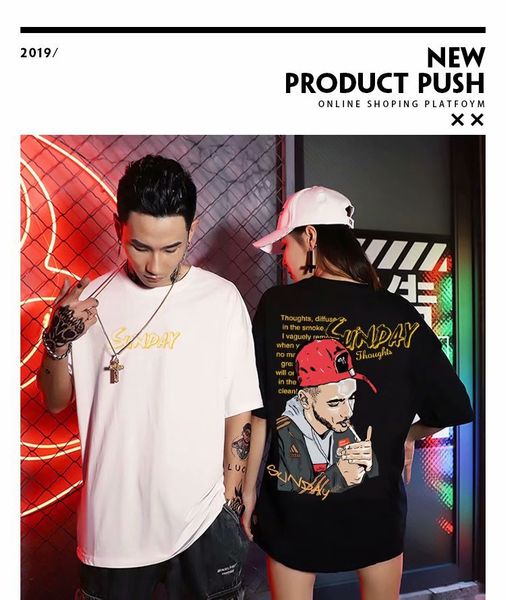 short sleeve men's trend european and american street hip hop cotton t-shirt summer new lovers casual loose five point sleeve trend, White;black
short sleeve men's trend european and american street hip hop cotton t-shirt summer new lovers casual loose five point sleeve trend, White;black