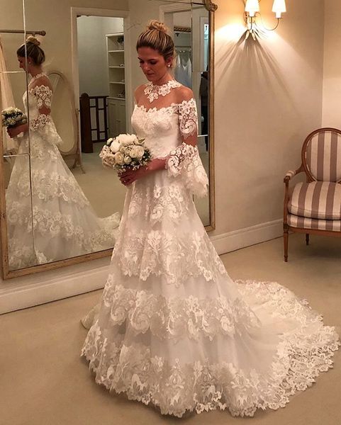 2020 sheer high collar wedding dresses long sleeve lace appliqued bridal gowns sweep train plus size vestidos de novia, White
2020 sheer high collar wedding dresses long sleeve lace appliqued bridal gowns sweep train plus size vestidos de novia, White
