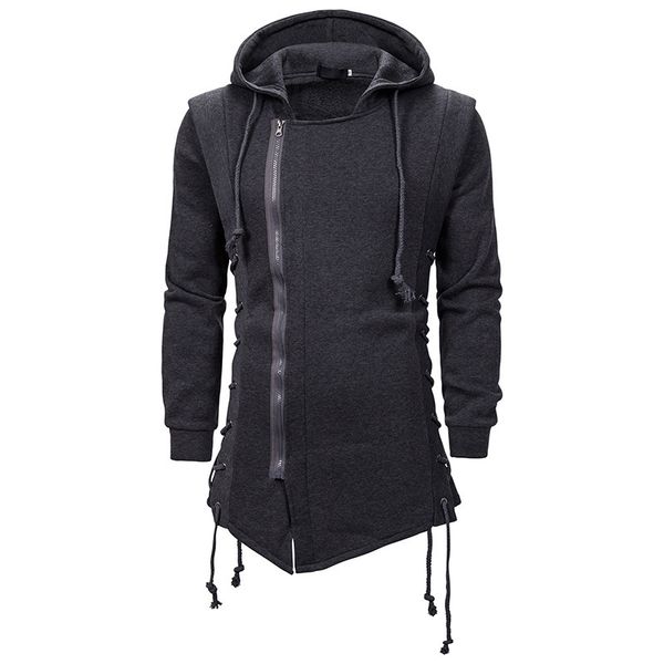 men's bandage zipper hoodie autumn and winter trend solid color dark long hooded loose sweatshirt coats, Black
men's bandage zipper hoodie autumn and winter trend solid color dark long hooded loose sweatshirt coats, Black