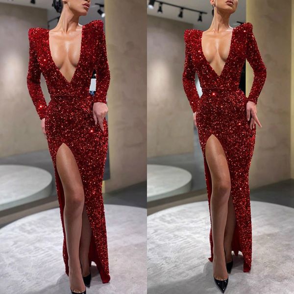 high slit prom dresses sequins beads v neck floor length long sleeve evening dress custom made formal gowns robes de soirée, Black
high slit prom dresses sequins beads v neck floor length long sleeve evening dress custom made formal gowns robes de soirée, Black