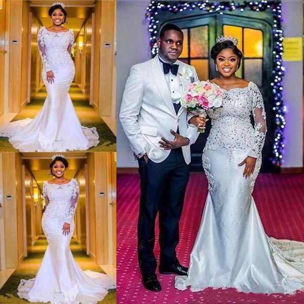 african long sleeves wedding dresses beaded lace applique mermaid sheath satin sweep train beaded arabic wedding gown vestido de novia, White
african long sleeves wedding dresses beaded lace applique mermaid sheath satin sweep train beaded arabic wedding gown vestido de novia, White