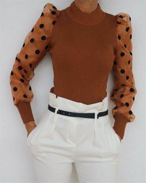 women spring mesh puff long sleeve ribbed knitted shirt loose casual polka dots blouse elegant turtleneck party clubwear, White
women spring mesh puff long sleeve ribbed knitted shirt loose casual polka dots blouse elegant turtleneck party clubwear, White