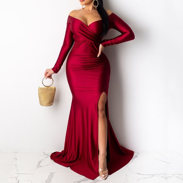 off shoulder women party dress high waist v-neck long sleeve high split mermaid dinner long dresses red vintage vestidos, Black;pink
off shoulder women party dress high waist v-neck long sleeve high split mermaid dinner long dresses red vintage vestidos, Black;pink