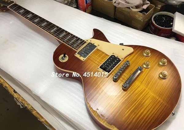 

1959 Fat Flame Maple Top Led Zeppelin Джимми Пейдж # 7 Том Мерфи Aged Relic Sunburst электрической гитары 1 шт красное дерево Тело Шея, золото Тюнеры