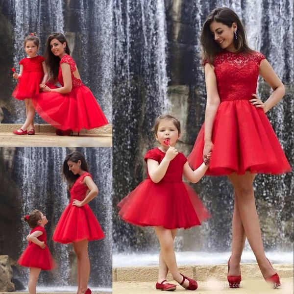 red lace mother and daughter dresses evening wear sheer jewel neck a-line backless prom gowns tulle short mini party dress, Black;red
red lace mother and daughter dresses evening wear sheer jewel neck a-line backless prom gowns tulle short mini party dress, Black;red