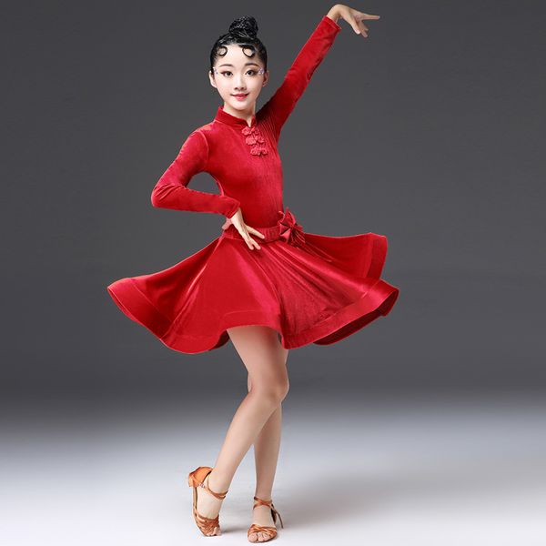 

children's latin clothing exercise clothes girls ballet dance skirt autumn and winter competition test performance costumes, Black;red