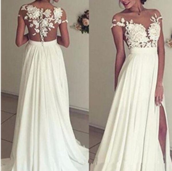 2020 summer sheer neck casual beach wedding dresses floral appliques lace chiffon side high split bridal gowns custom size, White
2020 summer sheer neck casual beach wedding dresses floral appliques lace chiffon side high split bridal gowns custom size, White